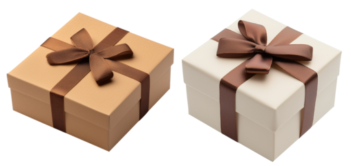 Two square gift boxes in light brown craft paper and cream tones, adorned with dark brown ribbons on a transparent background. packaging themes, holidays, celebrations, special occasions