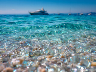 Crystal clear turquoise sea water gently washing over smooth pebbles on a sunny day with blurred yachts visible on the calm horizon under a blue sky