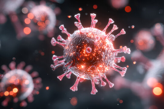 Digital rendering of a virus particle with glowing active features in a dark background