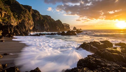 Dramatic sunset over a rocky beach
