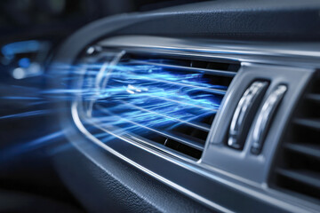 Close-up of cool air flowing from a modern vehicle air vent with sleek interior design for enhanced comfort and climate control during driving