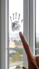 Handprint on window, finger pointing