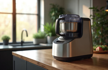 Modern food processor with touch controls and LED display on wooden kitchen counter. Stainless steel appliance for intuitive cooking, blending, mixing. Sleek design enhances home decor.