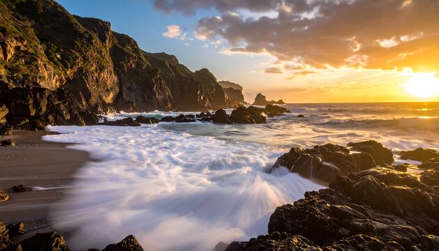 Dramatic sunset over a rocky beach