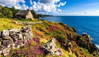 Coastal landscape with wildflowers and a cottage