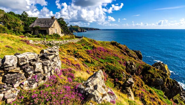 Coastal landscape with wildflowers and a cottage - Powered by Adobe