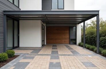 Modern carport attached to house facade with wooden garage door. Features steel frame roof structure and elegant paved driveway. Minimalist building design with clean lines, integrated lighting.
