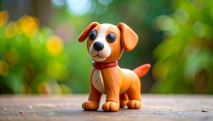 Adorable clay puppy figurine, outdoors