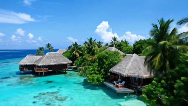 Tranquil Turquoise Sea Surrounding Thatched Roof Bungalows Overlooking Tropical Paradise Under Clear Blue Skies and Fluffy White Clouds During Bright Sunny Day