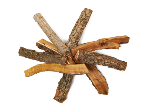 Wood for campfire, stacked logs isolated on white background, clipping path, top view, design element