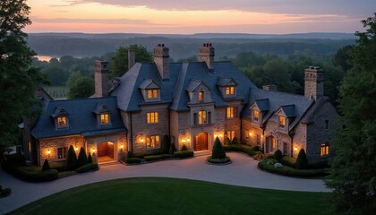 Majestic stone estate, Dutch colonial manor in Hudson Valley, Upstate New York. Apple orchards surround property. River views at dusk. Elegant architecture, historic home, luxurious residence with