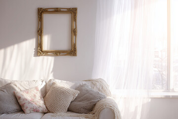 Cozy Living Room with Vintage Frame and Soft Sunlight Illuminating White Sofa