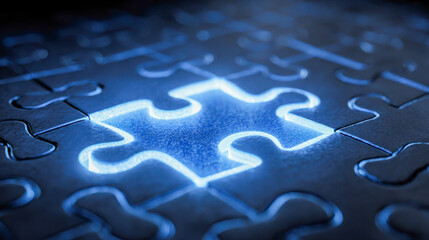 Illuminated glowing puzzle piece fitting into a dark jigsaw puzzle symbolizing solution, connection, and completion concepts with futuristic blue light effect