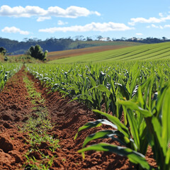 Young corn plants growing in a field with red soil