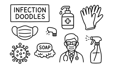 Infection doodles featuring medical supplies, virus, and hygiene essentials in hand-drawn style