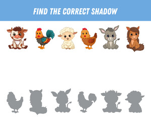 Find correct shadow of cute cartoon animal. Educational logical game for kids. Funny farm animal. Donkey, chicken, cow, horse, rooster, sheep. Vector illustration