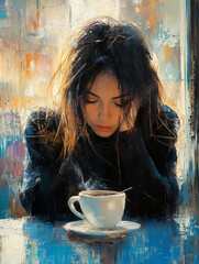Young woman relaxing with hot coffee in cozy cafe