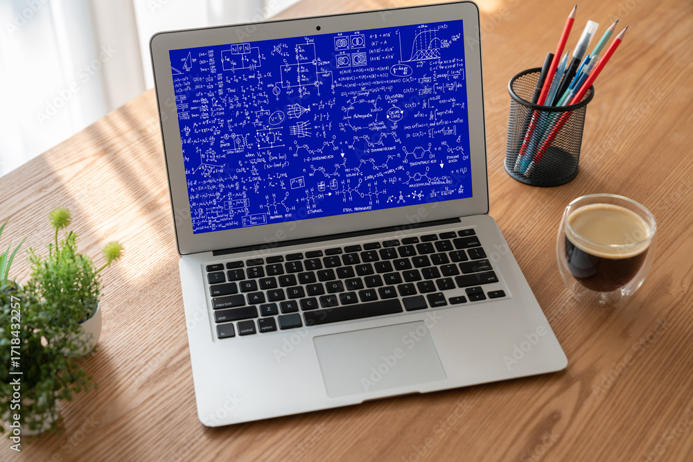 Aufkleber mathematic equations and modish formula on computer screen showing concept of science and education