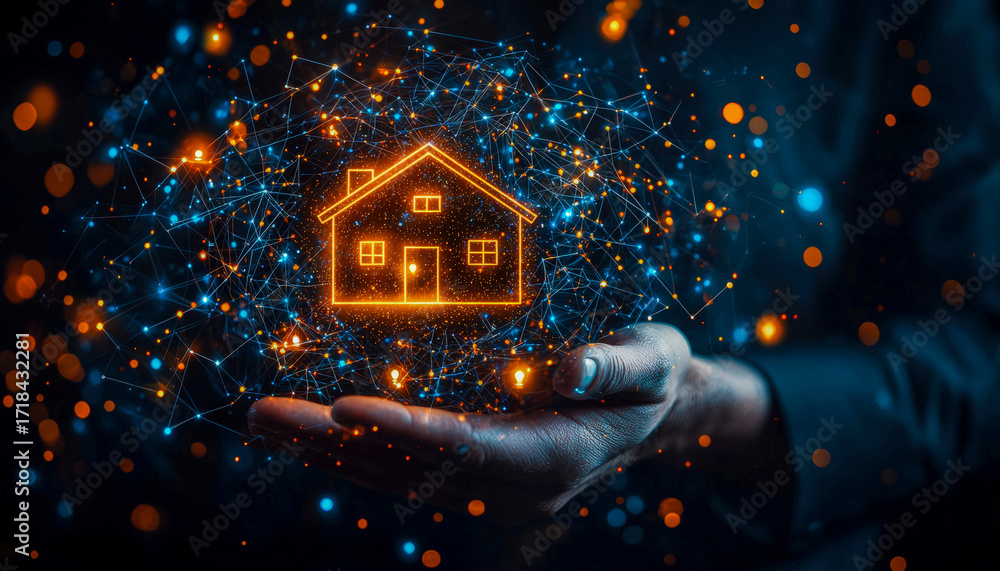 Poster digital smart home concept with glowing house icon and interconnected network visualization