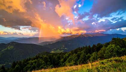 Majestic mountain range sunset with rainbow