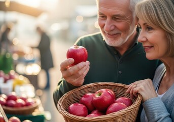 happy senior couple with wicker basket choosing fresh red apples at local farmers market. healthy lifestyle, organic food and active retirement.