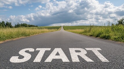 Inspirational journey concept with start text on an open road asphalt surface