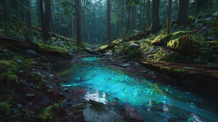 Fototapeta premium Glowing Stream In Enchanting Forest