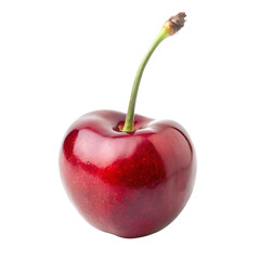 Single Ripe Red Cherry with Green Stem fruit isolated cutout PNG isolated on a transparent background