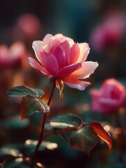 Pink rose blooming in a garden during golden hour