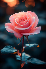 Pink rose blooming in the garden with blurred background