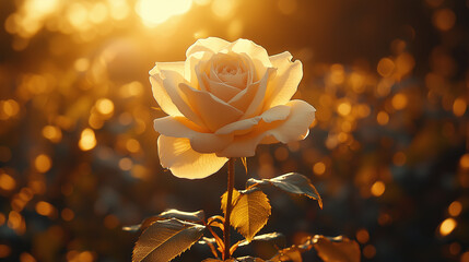 Single white rose blooming in golden sunset light