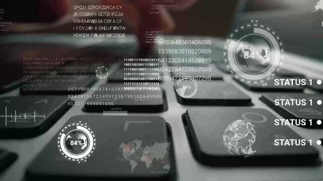 Time lapse of man working on laptop computer keyboard with graphic user interface GUI hologram showing big data science technology, digital network connection and computer programming algorithm. Glean