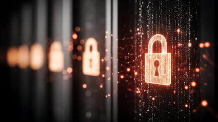 Digital padlock symbols glowing on server racks with network connections, representing cybersecurity and data protection.