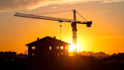 Silhouette of construction site at sunset