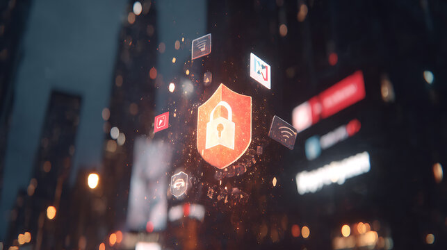 Digital security icons floating over a cityscape at night, highlighting cybersecurity and data protection in urban environments.