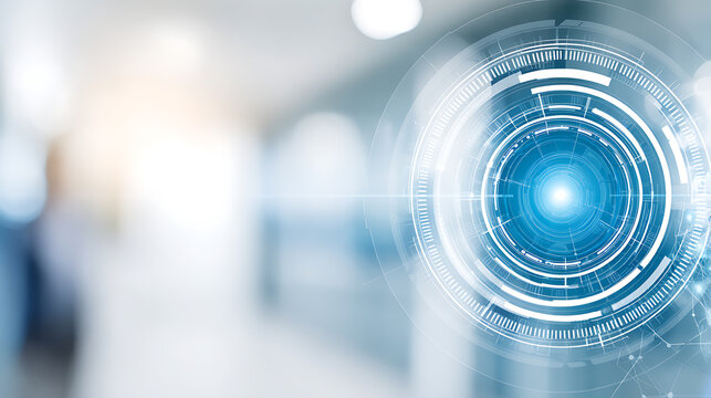 Digital interface overlay with futuristic circular HUD elements on a blurred indoor background