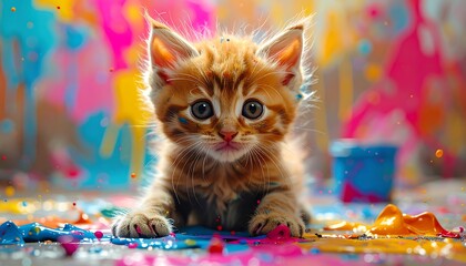 Adorable ginger kitten surrounded by vibrant paint splashes