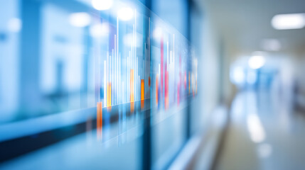 Modern office hallway with digital data visualization displayed on glass wall