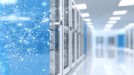 Modern data center with server racks and digital network visualization