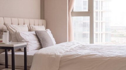 Minimalist bedroom corner with a made bed and nightstand, bathed in soft ambient light.