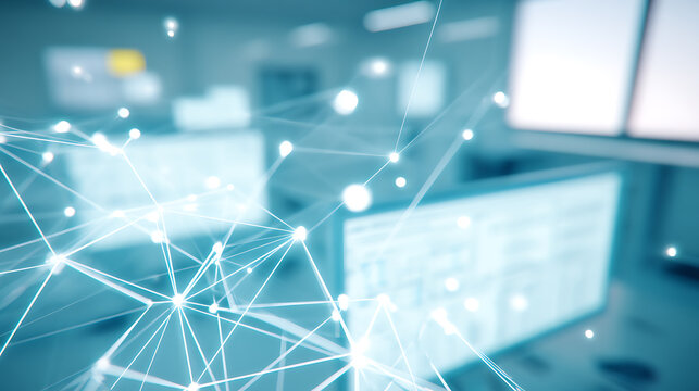 Digital network connections overlaying a modern office workspace with computer monitors and data displays