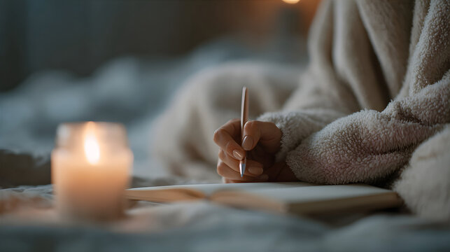 Woman writing journal, diary with candle light at home concept. Relaxing evening with cozy atmosphere for self-reflection. - Powered by Adobe