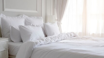 Minimalist bedroom corner with a made bed and nightstand, bathed in soft ambient light.