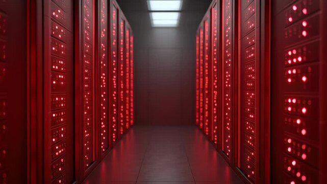 Data center corridor featuring red server racks and glowing lights, showcasing futuristic digital technology, computer network, and high tech server