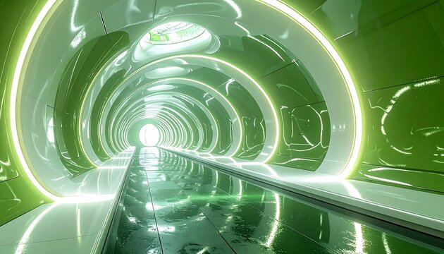 Futuristic green tunnel with glowing lights