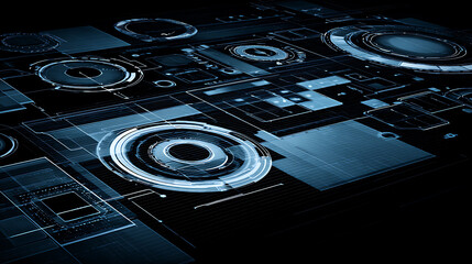 Futuristic digital interface with glowing circular elements and grid patterns on a dark background