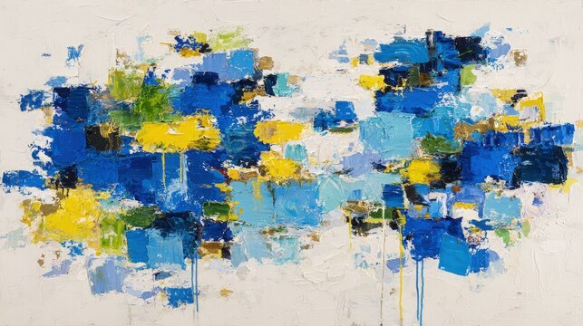 Abstract Painting With Blue Yellow Green Colors On White Background