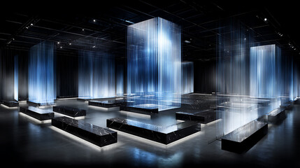 Modern illuminated installation with glowing blue columns and reflective platforms in a dark indoor space