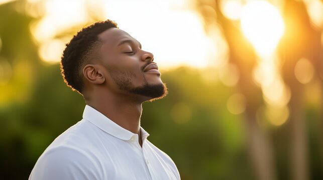 Peaceful contemplation: african american man praying outdoors at sunset