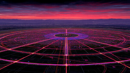 A futuristic cityscape illuminated by neon grid lines under a vibrant red and purple sky
